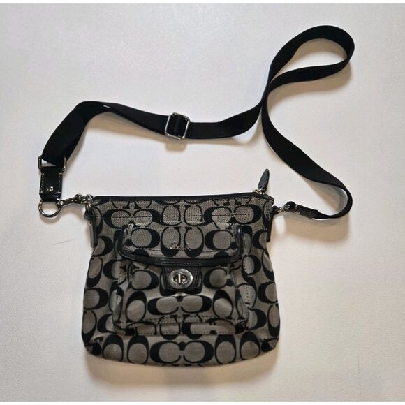 VTG Coach Purse Signature Stripe C Swingback Crossbody Bag Gray Black Zipper - Picture 1 of 13